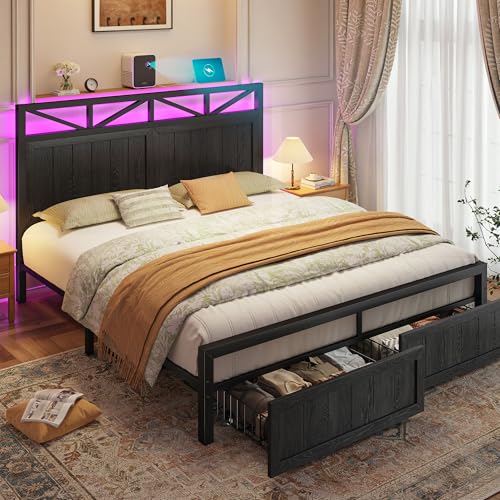 Homkdom Queen Bed Frame with 2 Storage and LED Lights, Bed Frame Queen Size with Headboard Built in Charging Station,Noise-Free,Easy Assembly, No Box Spring Needed, Black