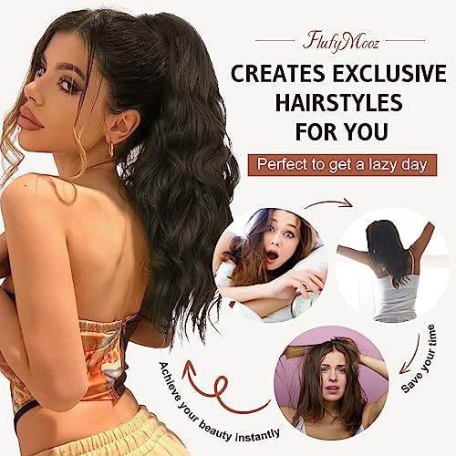 FLUFYMOOZ Ponytail Extension, 18 Inch Claw Clip Ponytail Extension, Wavy Curly Claw Clip in Ponytail Hair Extensions, Natural Fake Ponytail Synthetic Hairpiece for Women (Natural Black)