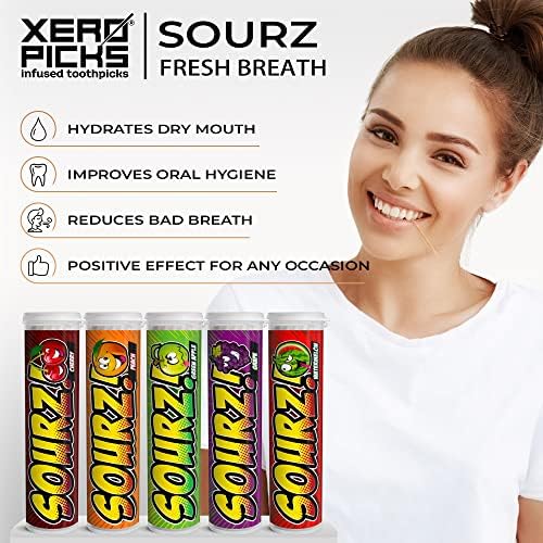 Xero Picks - Sourz Infused Flavored Toothpicks- Sugar Free- Sour Apple, Sour Grape, Sour Cherry, Sour Watermelon, Sour Peach - 5 Pack - 20 Picks per