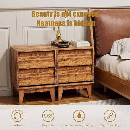 Modern 2 Set Nightstands Features Vintage-Style and Bevel Design, Made of MDF, Mid Century Modern Nightstand, Night Stand for Bedroom,for Bedroom(Brown)
