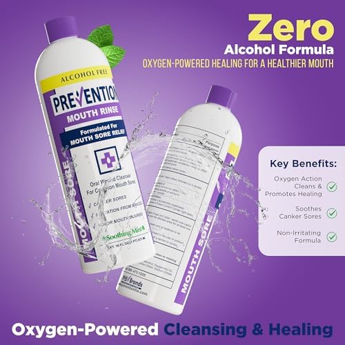 Prevention Mouth Sore Mouth Rinse, Canker Sore Treatment, Oral Pain Relief Mouthwash for Ulcers and Sores, Braces, with Hydrogen Peroxide, Alcohol-Free, Fluoride Free, 16 oz, Soothing Mint, 1 Pack