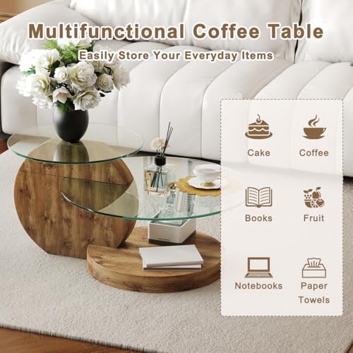 JCXINMZILY 35 Inch Glass Coffee Table，Round Coffee Table with 2-Tier Tempered Glass Tabletop，Easy to Clean Circle Coffee Table with Sturdy Base for Living Room，Office （Brown Colored Base）