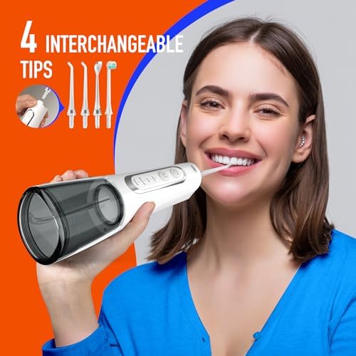Portable Cordless Water Flosser, Rechargeable Water Dental Flosser with 1500 mAh Battery, IPX7 Waterproof, 4 Modes 4 Jet Tips, Type-C Charging for Travel & Home (White)