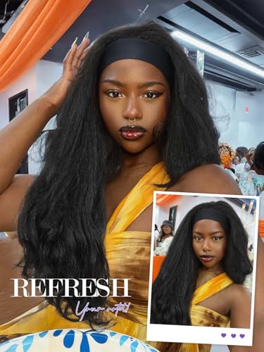 Yaki Wavy Headband Wigs Black Kinky Straight Wear and Go Half Wig with Curly Wavy Ends for Women on the Go Synthetic Headband Blow Out Style Natural Hair Texture for Black Women