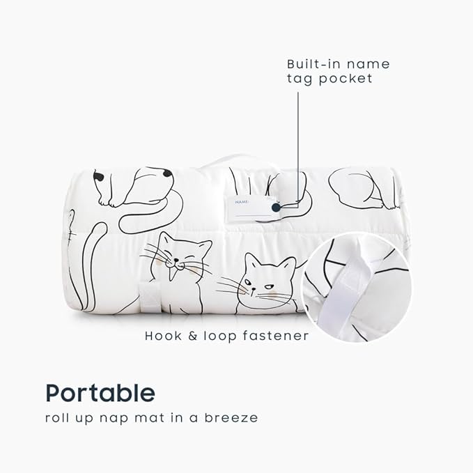 Wake In Cloud - Toddler Nap Mat with Pillow and Blanket, 100% Cotton Fabric, for Kids Boys Girls in Daycare Kindergarten Preschool, Roll Up Sleeping Bag, Black White Cats, Extra Long