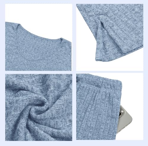 Womens Fashion 2 Piece Outfits Sweatsuits Ribbed Knit Summer Short Sleeve Loungewear V Neck Lounge Set