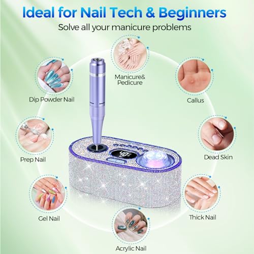 Nail Drill Electric File: DEDNMSCA Sparkly Professional Nail Drill Kit, 40000RPM E-File Machine with 12 Drill Bits for Acrylic Nails Remove Nail Gel Polish Manicure for Salon Home, Diamond