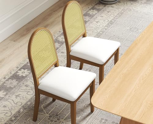 Kmax Farmhouse Rattan Dining Chairs Set of 4 Velvet Upholstered Dining Room Chairs with Cane Back for Kitchen, Brown Wood Frame