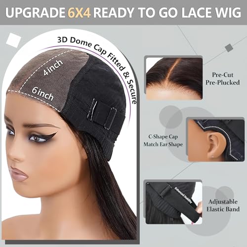 Wear and Go Glueless Wigs Human Hair Pre Plucked Pre Cut 180% Density 6x4 Ready to Wear Glueless Human Hair Wigs Straight for Black Women 20 Inch
