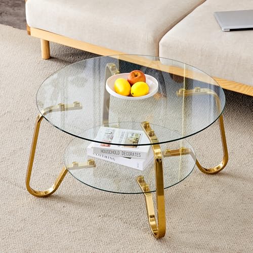 Glass Round Coffee Table with Storage, Modern 2-Tier Circle Coffee Tables for Living Room, 31.5" Gold Coffee Table with Glass Shelft and Metal Legs for Bedroom,Home Office