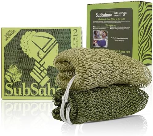 SubSahara Authentic African Net Sponge - 2 Pieces Exfoliating Scrubber for All Skin Types, Bath Sponge for Face & Body, Travel Portable, Durable, Gentle Exfoliation (Olive Green & Light Green)