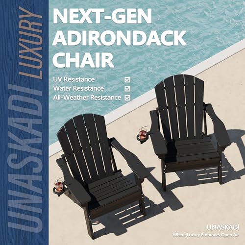 Folding Adirondack Chair Set of 4 with Cup Holder, HDPE All Weather Resistant Plastic Outdoor Patio Chairs, Heavy Duty Fire Pit Seating for Backyard Lawn Garden, Wooden Textured Design(Black)