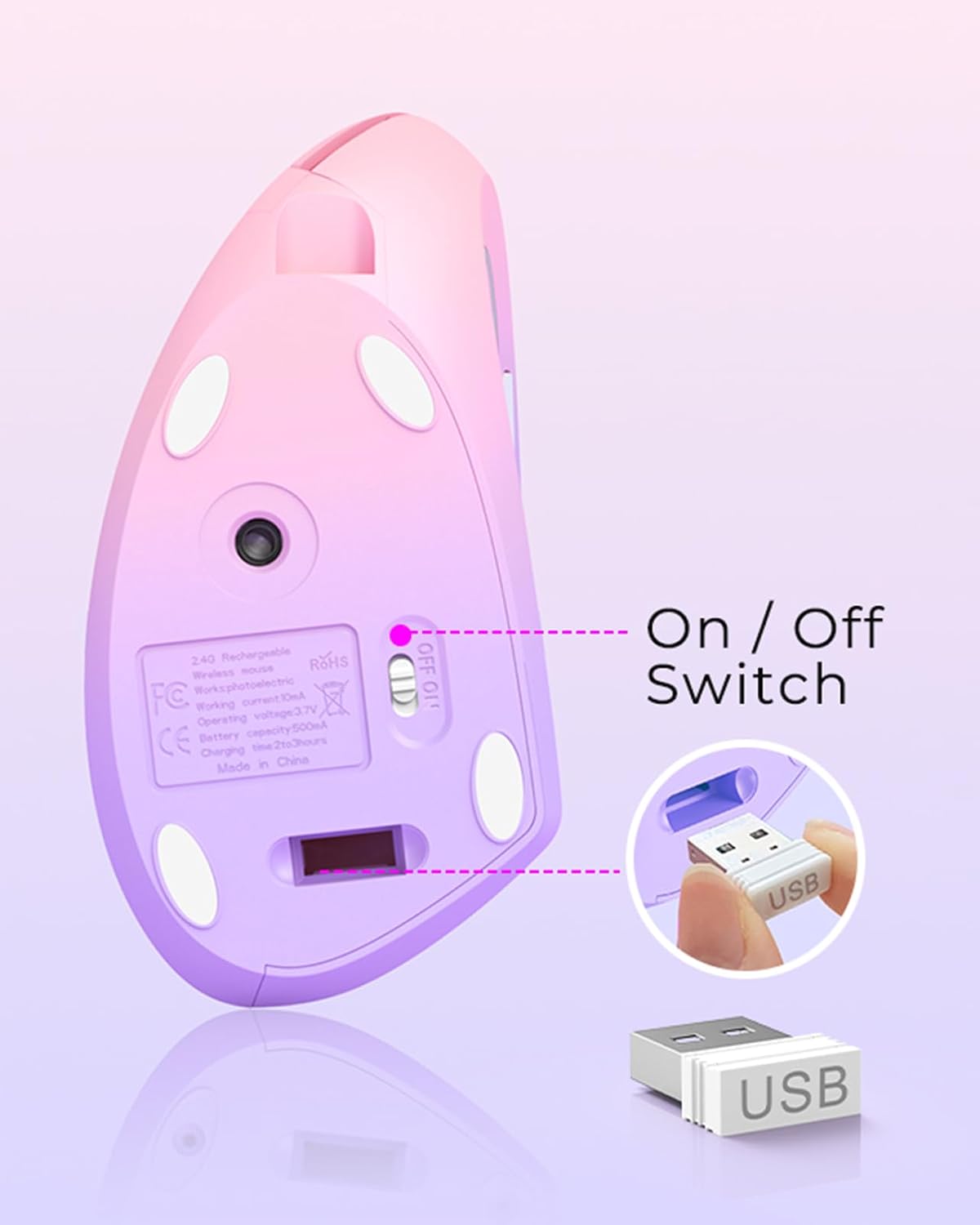 Lekvey Ergonomic Mouse, Vertical Wireless Mouse, Rechargeable, Pink Purple