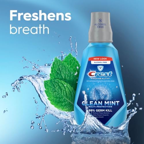 Crest Pro-Health Clean Mint Mouthwash, CPC Antigingivitis/Antiplaque Mouthwash, 500 mL (16.9 Fl Oz ), Pack of 4, Crest Mouthwash, Gingivitis Treatment