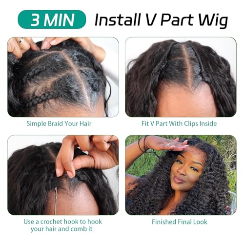 V Part Wig Human Hair Glueless No Leave Out Upgrade U Part Wigs Human Hair Jerry 18 Inch Kinky Curly Wigs For Women Full Head Clip In Half Wigs 180% Density Natural Color