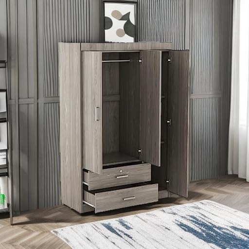 LZ LEISURE ZONE 3 Doors Wardrobe Armoire Closet, Large Freestanding Armoire Wardrobe Cabinet with 2 Drawers, Bedroom Wardrobe Clothes Storage Cabinet Organizer, Wood Grain Effect in Gray, LP006001