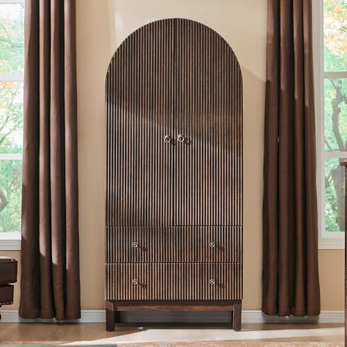 IFBUY 71" Tall Arched Bathroom Storage Cabinet, Modern Fluted Cabinet Storage with 4 Shlves and 2 Drawers, Floor Cabinet for Bathroom, Living Room, Kitchen, Brown