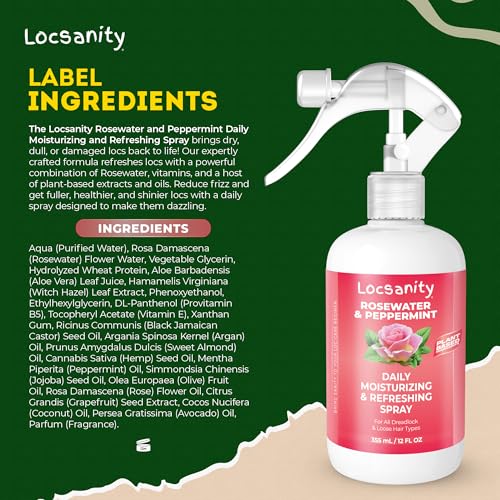 Locsanity Daily Moisturizing Refreshing Spray - Rose Water and Peppermint Hair Scalp Moisturizer for Locs and Dreadlocks (12oz)
