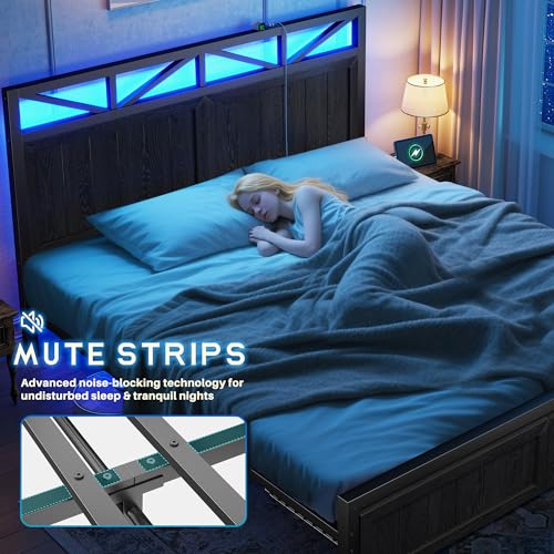 Homkdom Queen Bed Frame with 2 Storage and LED Lights, Bed Frame Queen Size with Headboard Built in Charging Station,Noise-Free,Easy Assembly, No Box Spring Needed, Black