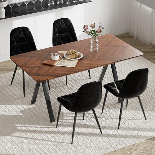 RGZ 63" Modern Rectangular Dining Table Set for 4, 5-PCS Rustic Walnut Kitchen Table & 4 Black Upholstered Faux Leather Chairs, Mid Century Wood Dinner Table for Dining Room, Home, Living Room