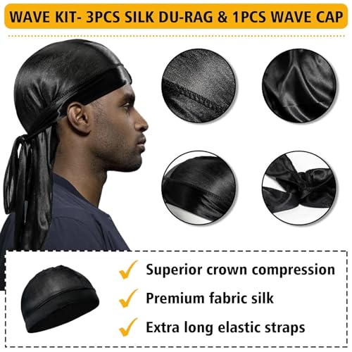 Wave Pomade for Men Strong Hold Easy Wash 360 Wave Training Hair Cream, Waves Grease for Men Promotes Layered Waves, Moisture, Silky Shine, Wave Pomade Wave Brushe Silky Durag Wave Cap Set (Blue)