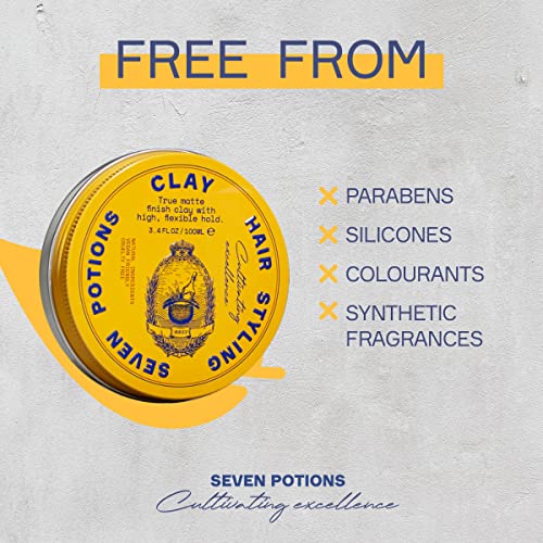 SEVEN POTIONS Hair Clay For Men and Women 3.4 fl oz - High Hold Matte Pomade - Effortless Hair Styling Product That Leaves No Residue - Water Based - Natural, Vegan, Cruelty Free