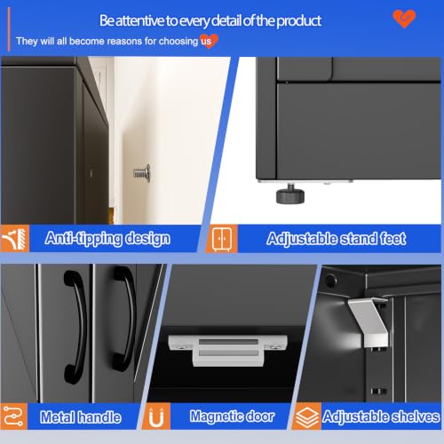 63" Tall Metal Storage Cabinet Black Cupboard Kitchen Pantry Cabinet