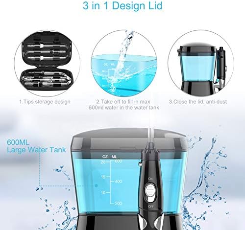 TUREWELL Water Flossing Oral Irrigator, 600ML Dental Teeth Cleaner 10 Adjustable Pressure, Electric Oral Flosser for Braces, 8 Replacement Jet Tips for Family (Black)