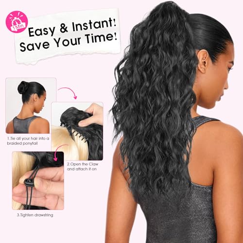 RONTAYA Ponytail Extension, 18 Inch Black Claw Clip Ponytail Extensions for Women, Multi Layered Fluffy Thick Wavy Jaw Clip in Fake Pony Tails Fake Hair Soft Synthetic Hairpiece