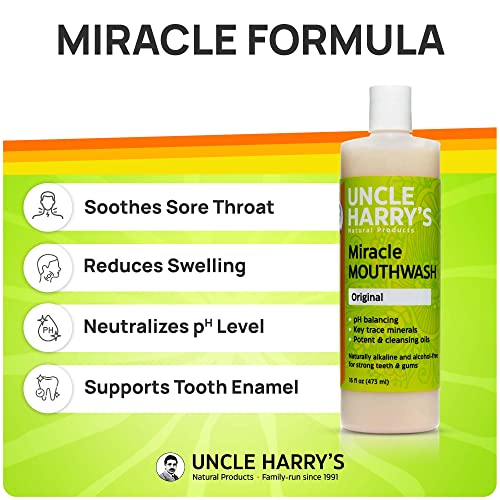 Uncle Harry's Natural Alkalizing Miracle Mouthwash | Adult & Kids Mouthwash for Bad Breath | pH Balanced Oral Care Mouth Wash & Mouth Rinse (16 fl oz)