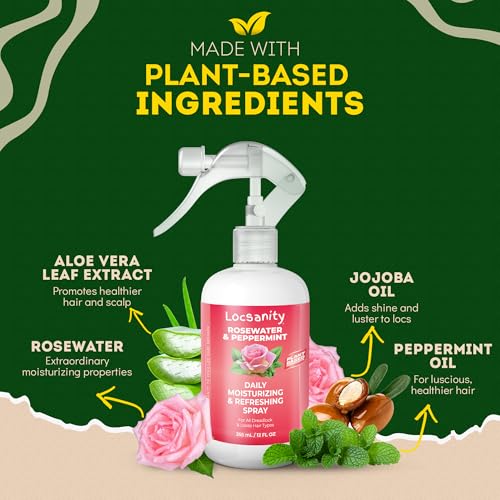 Locsanity Daily Moisturizing Refreshing Spray - Rose Water and Peppermint Hair Scalp Moisturizer for Locs and Dreadlocks (12oz)