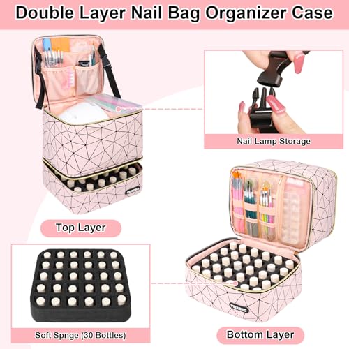 Nail Polish Organizer Bag Holds 30 Bottles (15ml/0.5 fl.oz)& Nail Lamp, Portable Travel Nail Kit Storage Carrying Case, Double Layer Nail Supplies Holder Bag PU Leather Women (Baby Pink)