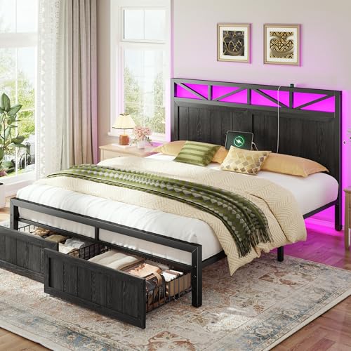 Homkdom Queen Bed Frame with 2 Storage and LED Lights, Bed Frame Queen Size with Headboard Built in Charging Station,Noise-Free,Easy Assembly, No Box Spring Needed, Black