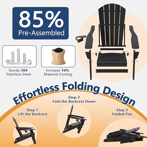 Folding Adirondack Chair Set of 4 with Cup Holder, HDPE All Weather Resistant Plastic Outdoor Patio Chairs, Heavy Duty Fire Pit Seating for Backyard Lawn Garden, Wooden Textured Design(Black)