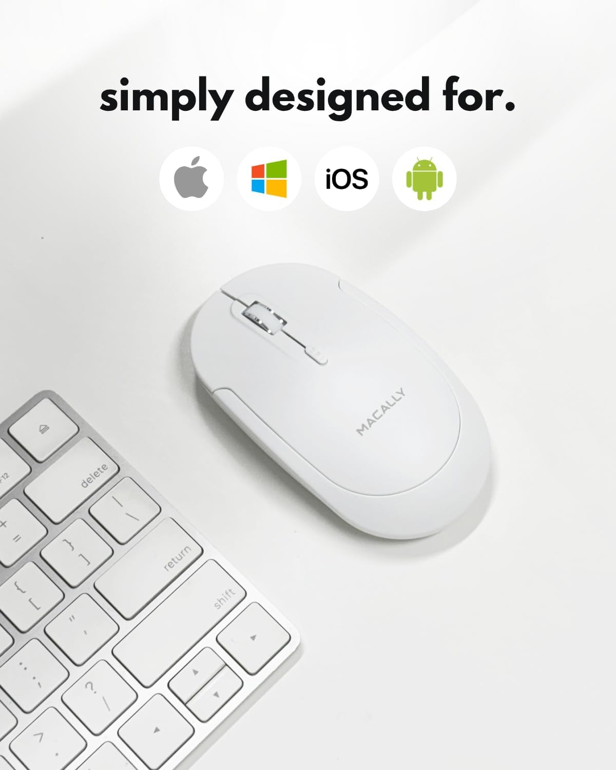 Macally Wireless Bluetooth Mouse for Mac, MacBook Pro/Air, iPad, and PC - Quiet Click and Comfortable Compatible Apple Mouse Wireless - Rechargeable - White
