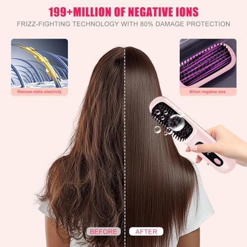 New gobrush pro 2025, Cordless Hair Straightener Brush-199 Million Negative Ions, 20S Fast Heat Up,3 Temperature Settings,4000mAh USB-C Rechargeable,Compact & Travel-Friendly with LED Display,Pink