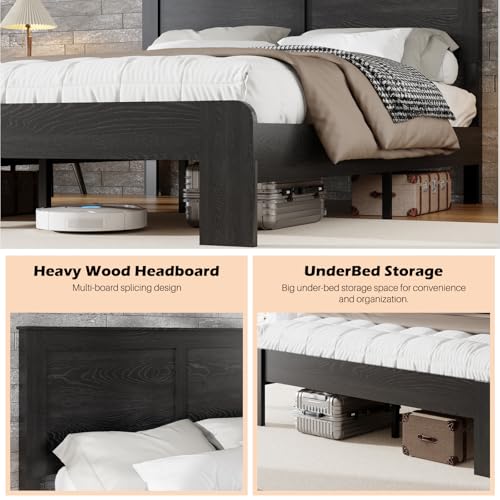 Queen Size high Bed Frame - Wooden Platform with Headboard， with Under Bed Storage， Farmhouse Rustic Bed Frame，No Box Spring Needed, Easy Assembly, Black