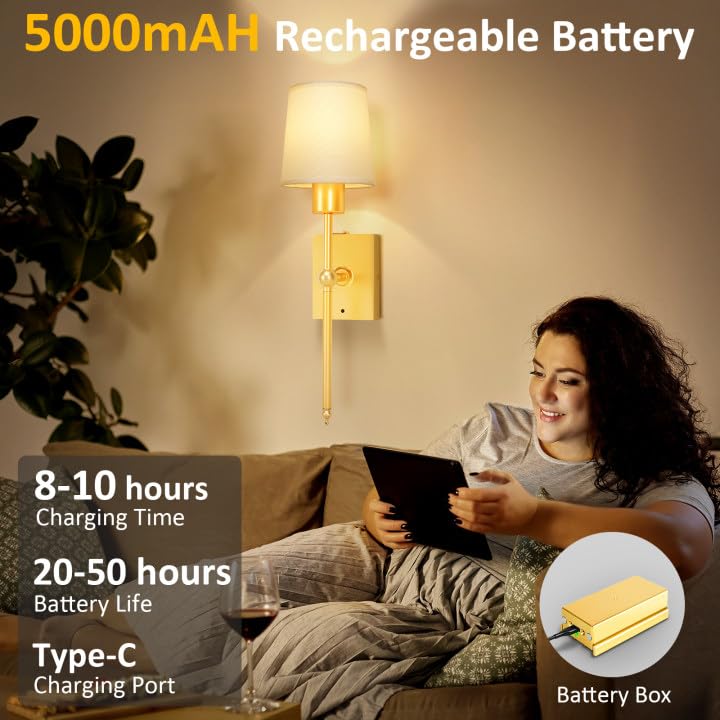 YINDUZ Battery Operated Wall Sconces Set of 2 - Gold Rechargeable Wall Lights with Remote Control, 4CCT and 5 Brightness Battery Powered Wall Sconces for Bedroom and Living Room