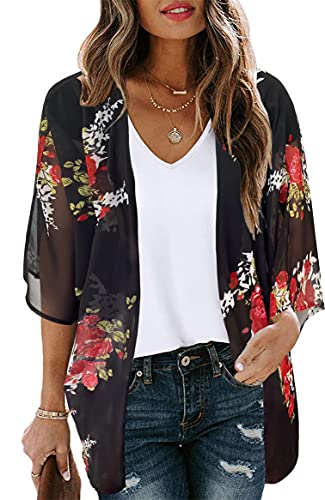 Women's Floral Print Puff Sleeve Kimono Cardigan Loose Cover Up Casual Blouse Tops(Dark Green Flower,M)