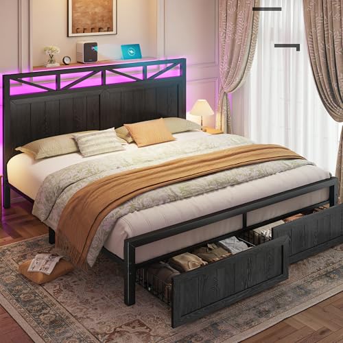 Homkdom King Size Bed Frame with 2 Storage and LED Lights, King Bed Frame and Headboard Built in Charging Station,Noise-Free,Easy Assembly, No Box Spring Needed, Black