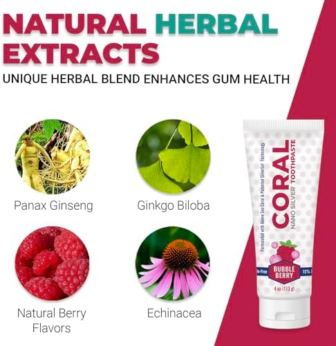 Coral Nano Silver Bubble Berry Kids Toothpaste, Natural Fluoride Free Teeth Whitening Toothpaste, Coral Calcium Nano Silver Infused SLS Free - 4 Ounces