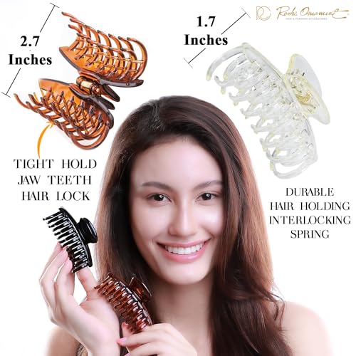 RC ROCHE ORNAMENT 6 Pcs Womens Classic Double Multi Layer Fine Teeth Claws Jaw Interlocking Strong Hold No Slip Firm Grip Hair Clutcher Clamp Beauty Fashion Accessory, Medium Clear Brown and Black
