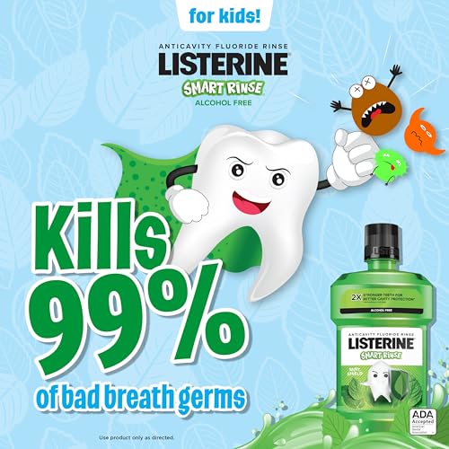 Listerine Smart Rinse Kids Alcohol-Free Anticavity Sodium Fluoride Mouthwash, ADA Accepted Oral Rinse for Dental Cavity Protection, Mint Shield Flavor for Children's Oral Care, 500 mL (Pack of 6)