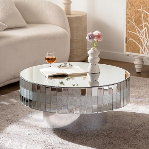 Modern Round Mirrored Coffee Table for Living Room, Silver Glass with Decorative Crystal Edge, Glam Round Accent Table Mirrored Center Table for Home Office, Silver, 31'' Dia x 14''H