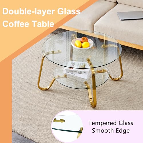 Glass Round Coffee Table with Storage, Modern 2-Tier Circle Coffee Tables for Living Room, 31.5" Gold Coffee Table with Glass Shelft and Metal Legs for Bedroom,Home Office
