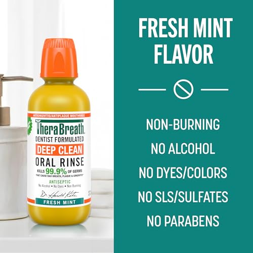 TheraBreath Deep Clean Mouthwash, Antiseptic Benefits, Fresh Mint Flavor, Dentist Formulated, Alcohol Free, 16 fl oz (Pack of 2)