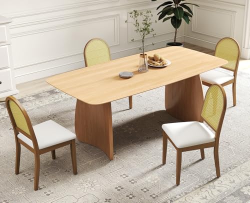 Kmax Farmhouse Rattan Dining Chairs Set of 4 Velvet Upholstered Dining Room Chairs with Cane Back for Kitchen, Brown Wood Frame