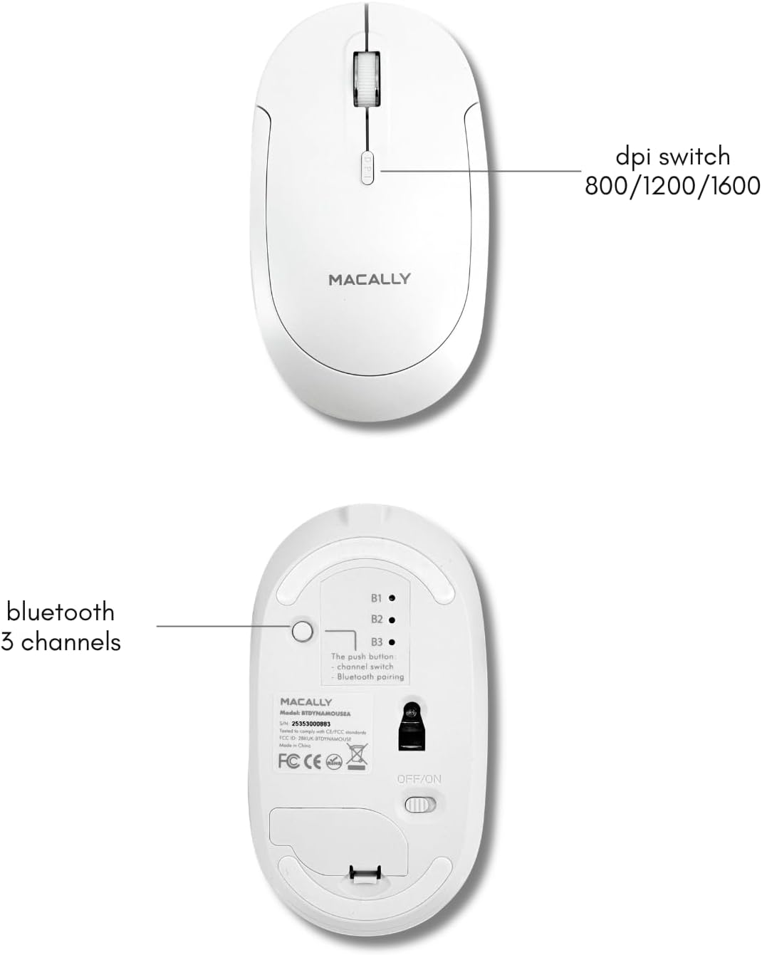 Macally Wireless Bluetooth Mouse for Mac, MacBook Pro/Air, iPad, and PC - Quiet Click and Comfortable Compatible Apple Mouse Wireless - Rechargeable - White