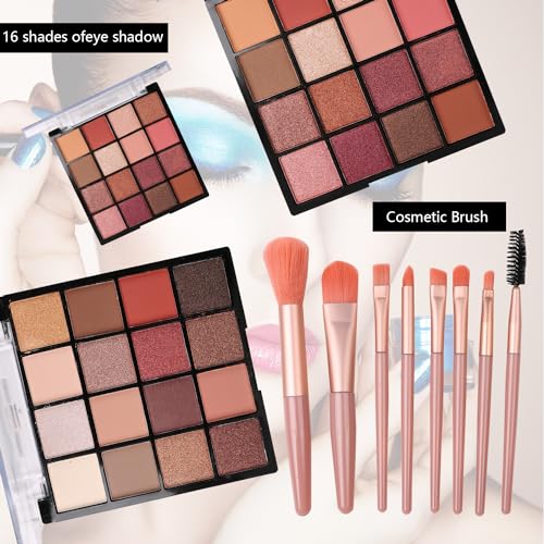All in One Makeup Kit for Teen Girls - 2X16 Colors Eyeshadow, Liquid Foundation, Eyeliner Pencils, Contouring Stick, Lip Gloss, Eyebrow Pencils & 8pcs Makeup Brushes (Rainbow)