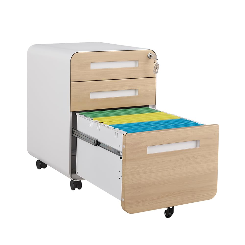 CuisinSmart 3 Drawer Mobile File Cabinet with Lock, Small Filing Cabinets 5 Wheel Anti-Tilt Design Rolling File Cabinet Fully Assembled (Except Casters) for Home Office Orange (White Natural)